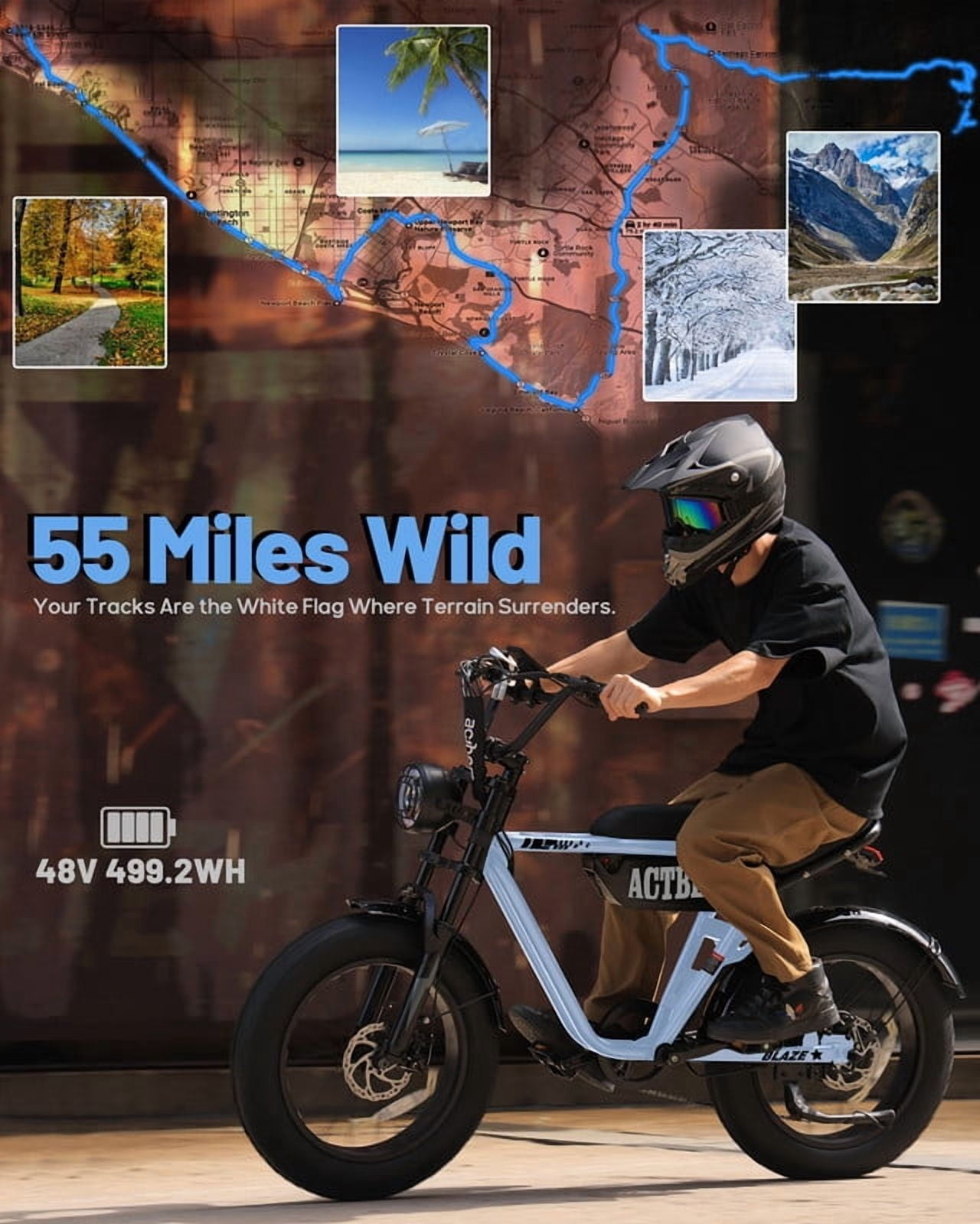 Actbest Blaze Electric Bike for Adults/Teens, 16" Fat Tire Ebike Peak 1200W 55 Miles 25Mph Full Suspension Electric Motorcycle, Blue & Brown with Lock