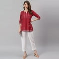 thumbnail image 4 of Janasya Indian Round Neck 3/4 Sleeve Embroidered Maroon Cotton Tunic For Women, 4 of 8