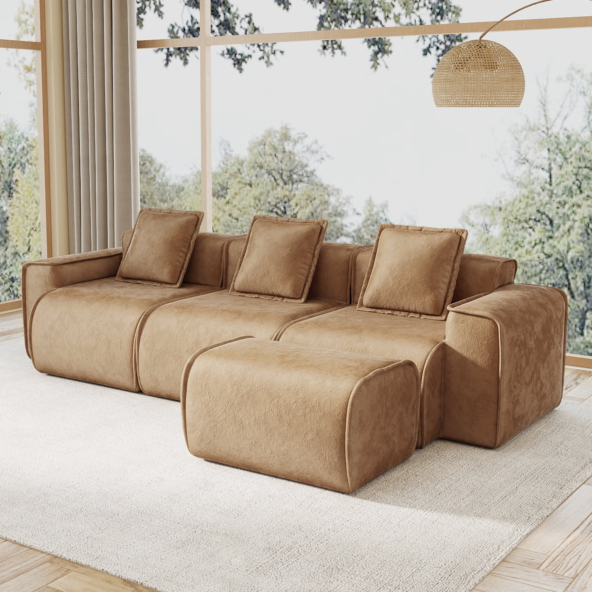 Aukfa 109" Cloud Sectional Sofa Oversized Boneless Couch Modular L-Shaped Sofa with Ottoman for Living Room, Velvet, Brown