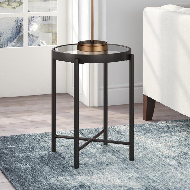 Modern Round Glass Side End Table, Night Stand in Blackened Bronze for