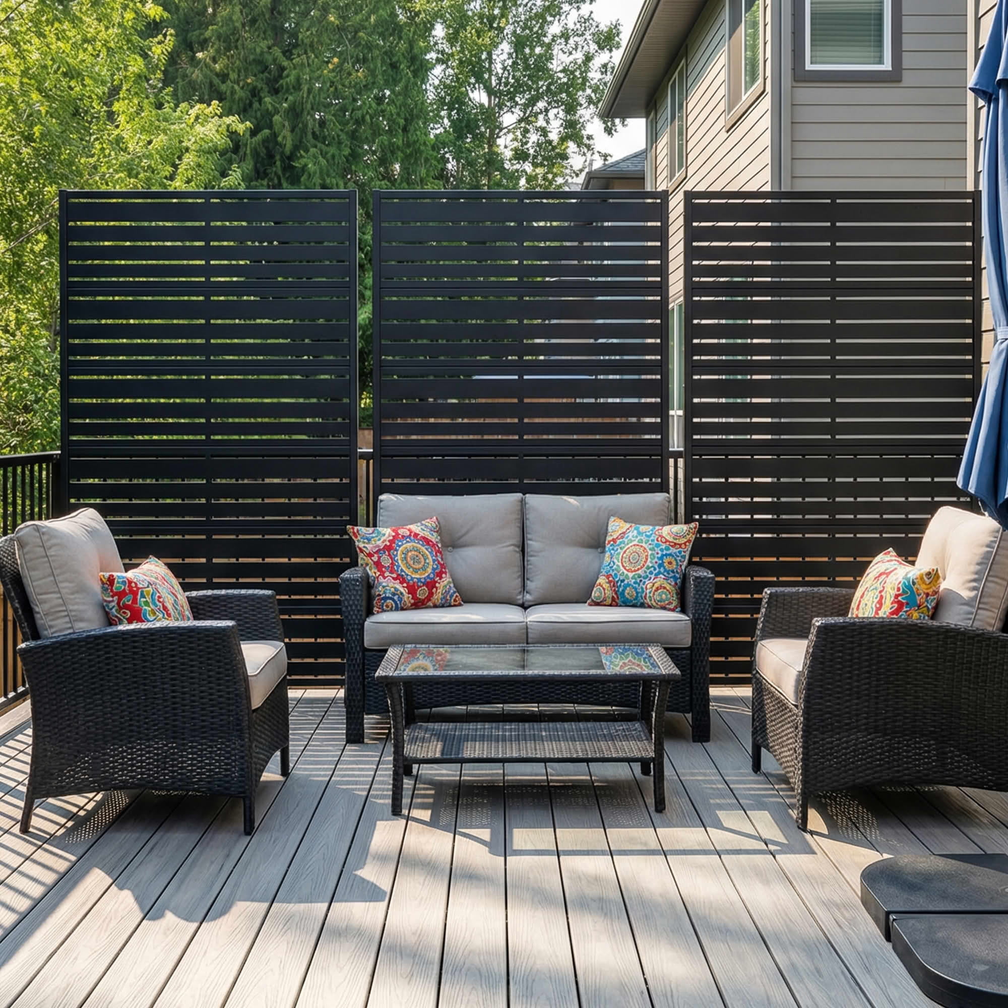 MAYEERTY 72"x47" Outdoor Privacy Screen, Black 6-Panel Galvanized Steel Louver Panel, Wide-Narrow Pattern, for Balcony Deck Garden