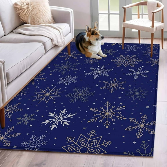 Blue Christmas Snowflakes Area Rug 3x5 Washable Rug Non Slip Modern Xmas Winter Minimalist Large Area Rug Indoor Floor Carpet for Entryway Bedroom Kitchen Living Room Home Office Dining Room Nursery