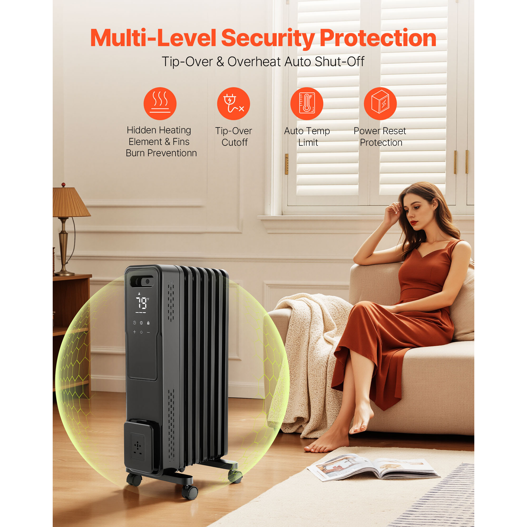 KFFKFF Electric Oil-Filled Radiator, 1500W Space Heater with Dual U-Shaped Heating Elements, Safety Features, Adjustable Heat Levels, 24-Hour Timer, Wheels for Mobility, Remote Control, Black