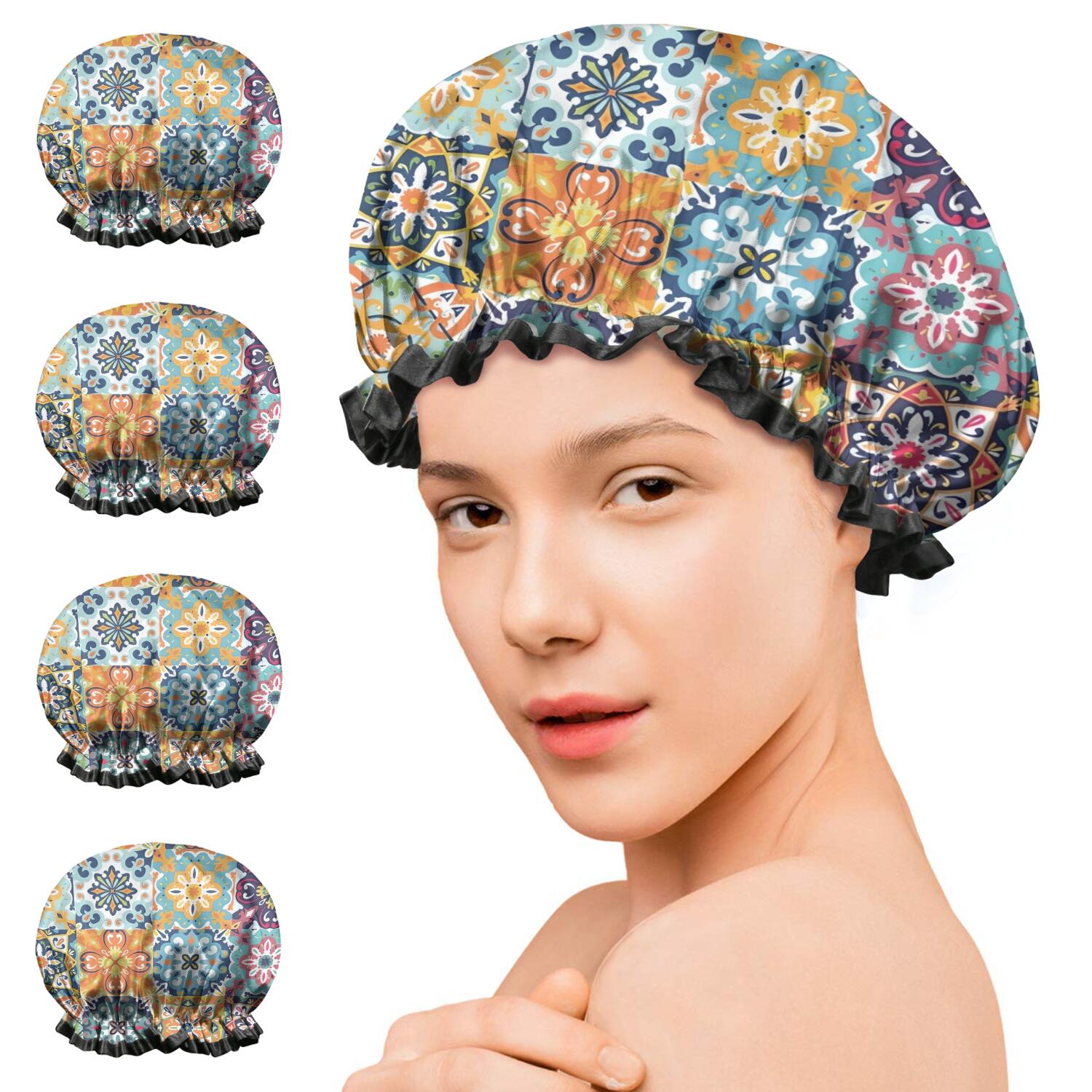 Shower Caps,Blue Boho Bohemia Floral Geometric Pattern Waterproof Shower Cap for Women 4 Pieces,Double Reusable Hair Cover for Shower PEVA Elastic Stretch Hem