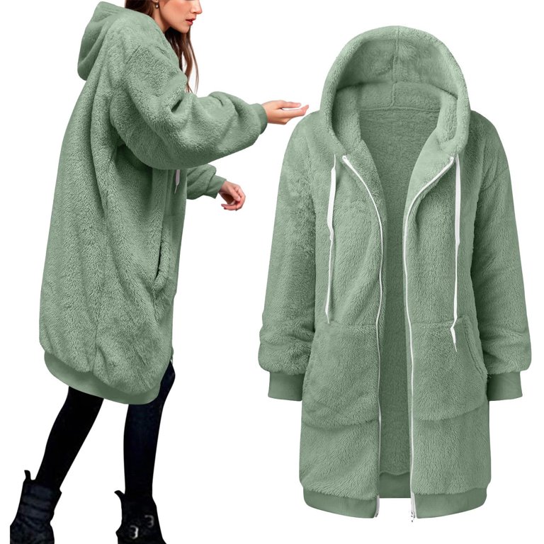 Zpanxa Womens Oversized Zip Up Sherpa Jacket with Pockets Fleece Hoodie  Winter Teddy Coat Outerwear Hooded Sweatshirt Green 4XL