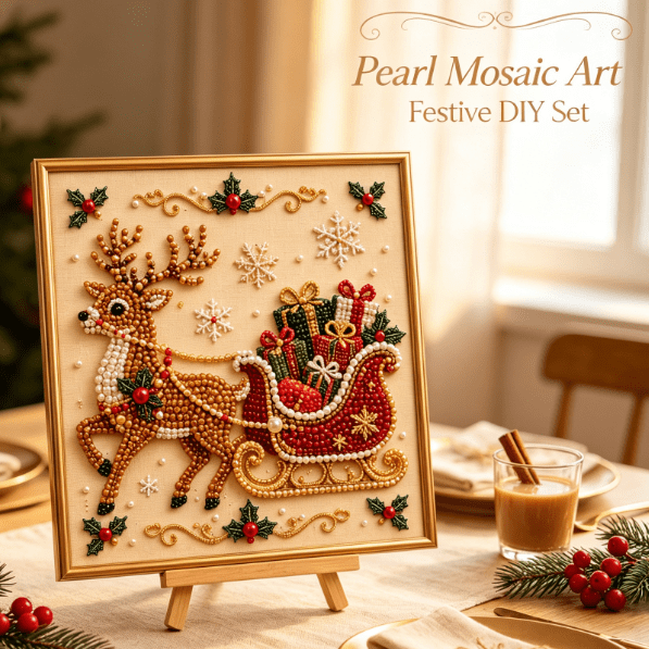 DIY Christmas Pearl Diamond Painting Art Kit with Frame Christmas Pearl Beads Art Craft for Adults & Beginners Gemstone Diamond Dots Beads Painting for Home Wall Decor (Sleigh Deer)