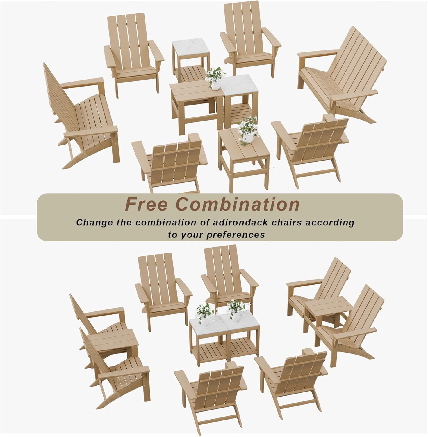 ALAULM All-Weather HDPE 8PCS Modular Flexible Combination Adirondack Conversation Set with Marble-Look Interlocking Side Tables for Deck Patio Poolside, Brown