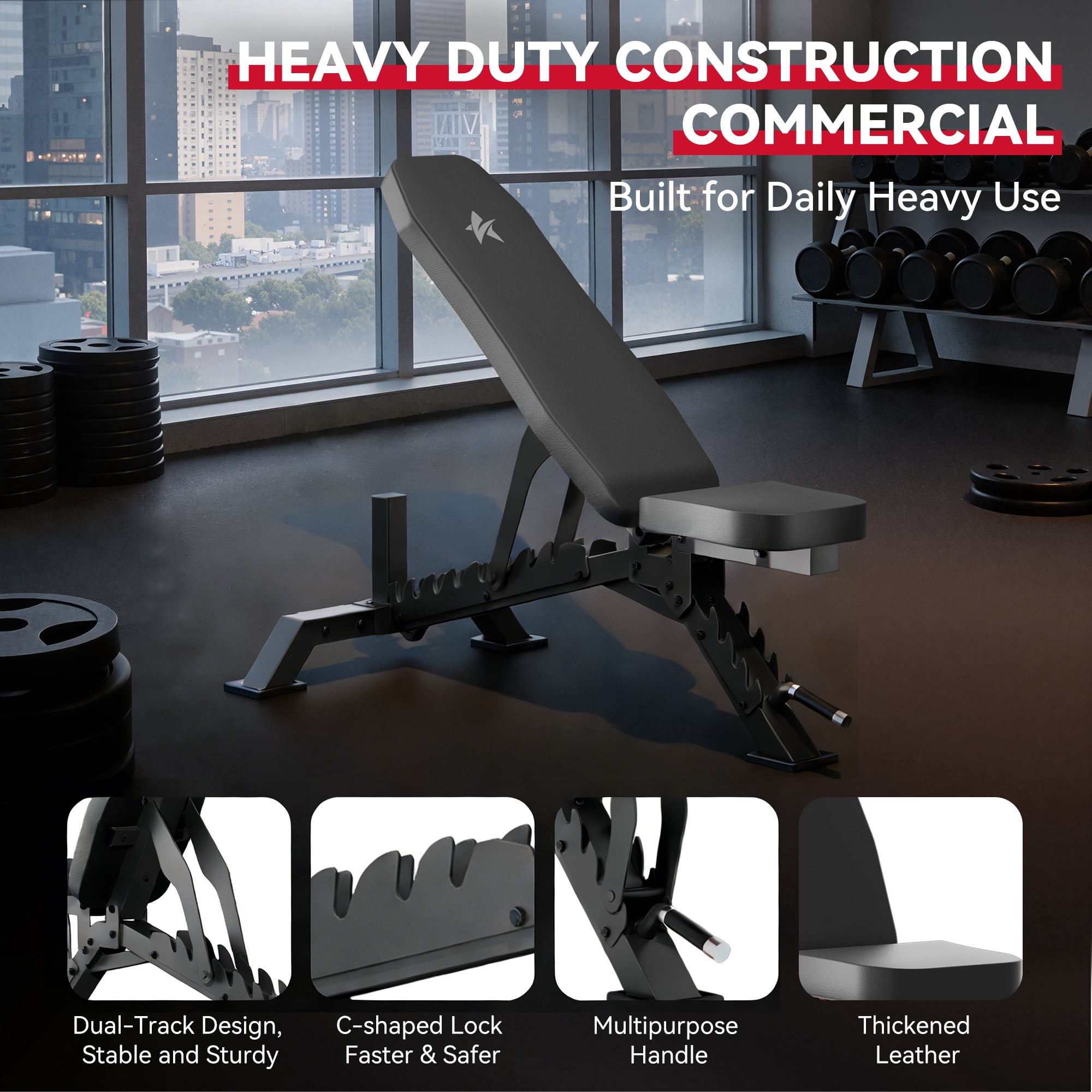 FASTES Adjustable Weight Bench 8 Positions Foldable Workout Bench Heavy-duty Weight Bench Press for Home Gym Full Body Strength Training, Max Weight 1400lbs, Black