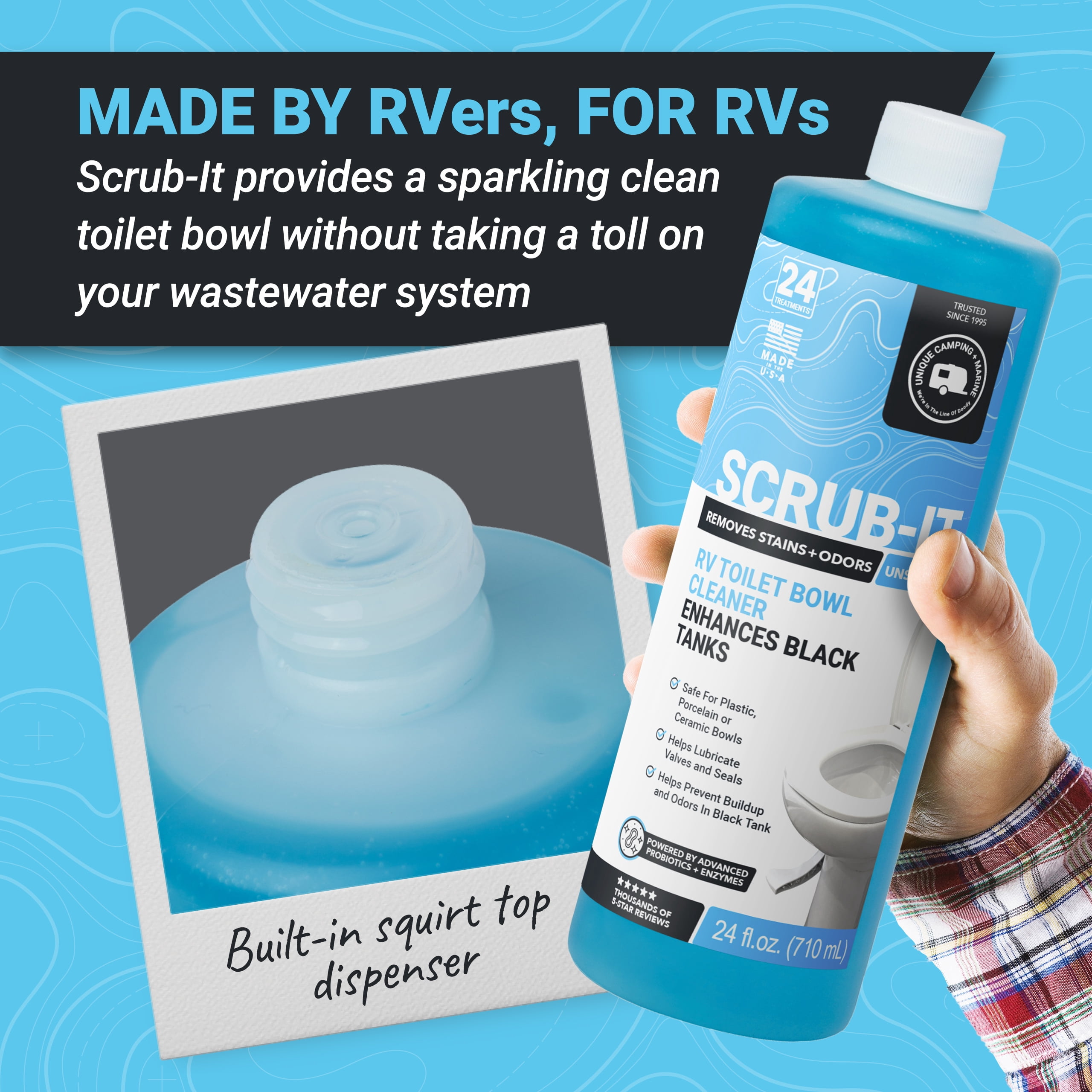 Unique Scrub-It RV Toilet Bowl Cleaner Gel, Removes Stains and Odors, Safe RV Toilet Cleaner for Plastic, Ceramic, and Porcelain, 24 fl oz