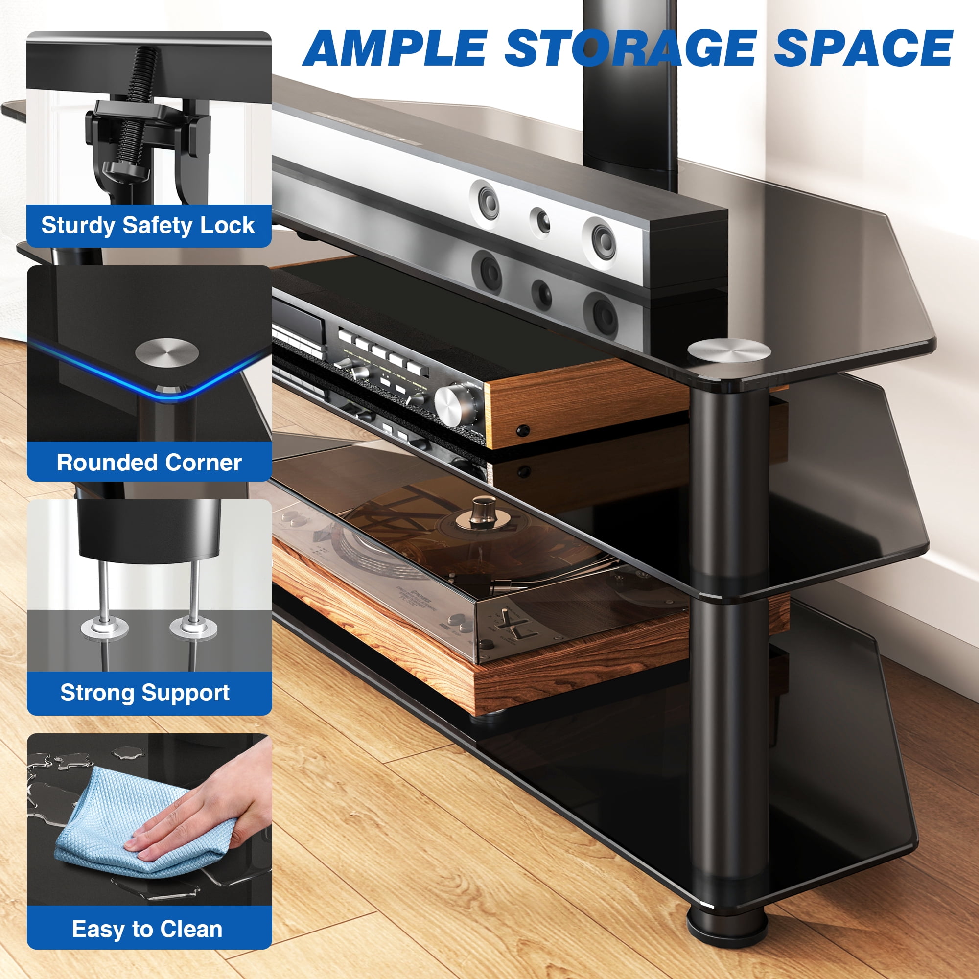 RTVR 3 in 1 Entertainment Center TV Stand with Glass Shelves for up to 70 inch Screens, Swivel Adjustable TV Mount Stand, Max VESA 600X400mm