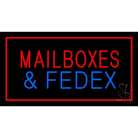 Mail Boxes and FedEx Rectangle Red LED Neon Sign 20 x 37 - inches, Black Square Cut Acrylic Backing, with Dimmer - Bright and Premium built indoor LED Neon Sign for Store interior and stroefront