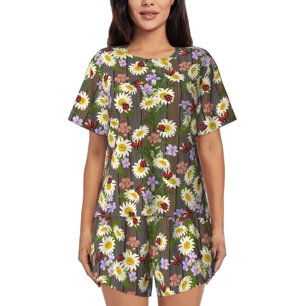 Balery Ladybugs And Flowers On A Wooden Conjunto de Pijama para Mujer con Estampado, Dos Piezas de Manga Corta y Shorts, Ropa de Dormir Suave con Cuello Redondo y Bolsillos-3X-Large