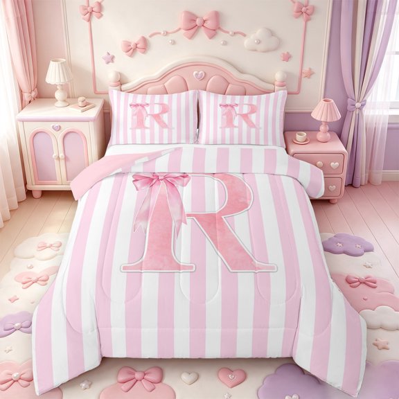 Manfei Pink Line Geometric Pattern Full Size Comforter Sets,Personalized Monogrammed R Bedding Comforter Set,Pink Reversible,3-Piece,1 Comforter and 2 Pillowcases