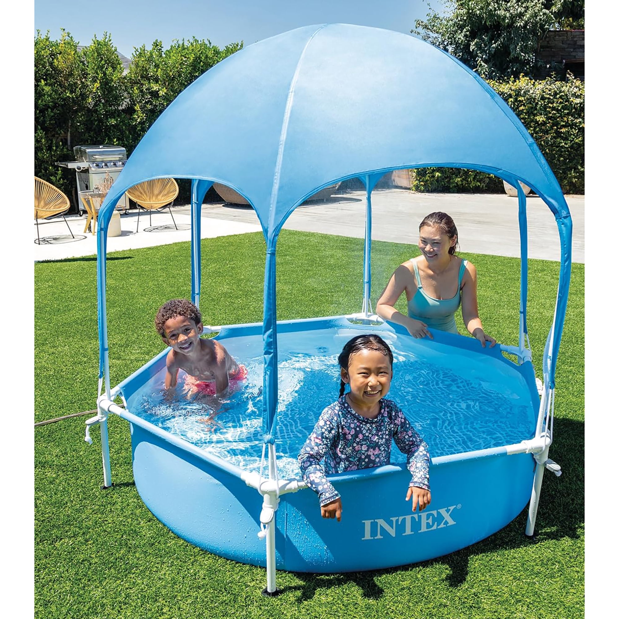 Intex: Canopy Metal Frame Splash Pool - 6' x 15" - UPF 50+ Sunshade Cover, Built-In Water Sprayer, Puncture-Resistant, Wade Kiddie Pool, Kids 3+
