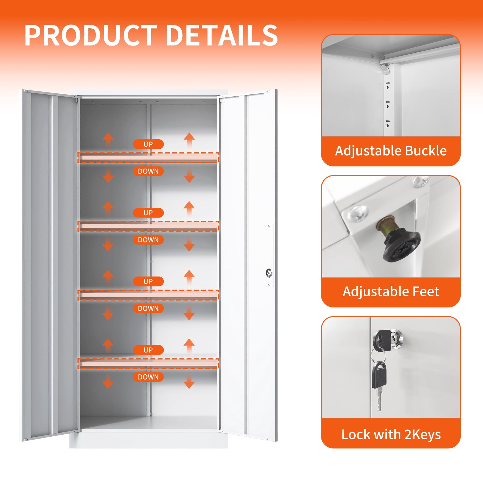 IKIMI 71" Metal Storage Cabinet with 4 Adjustable Shelves and Lock, Heavy Duty Steel Garage Tool Cabinet for Office, Home, Kitchen, White(H71"*W32"*D16")