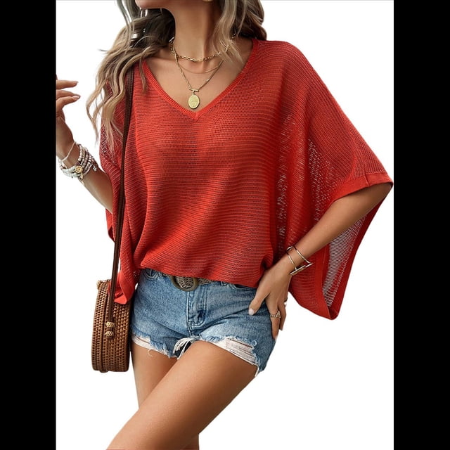 Camisas Holgadas de Punto Gofre con Cuello en V para Mujer, de Corta, Informales, de Verano 2025, Modernas, Lisas, Y2K. Rojo M