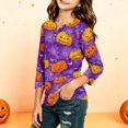 thumbnail image 2 of Girls Halloween Shirt Pumpkin Bat Print 3/4 Sleeve T Shirt Cute Graphic Tee Spooky Season Fall Halloween Outfit Kids Casual Top,12-13 Years,Dark Purple, 2 of 6