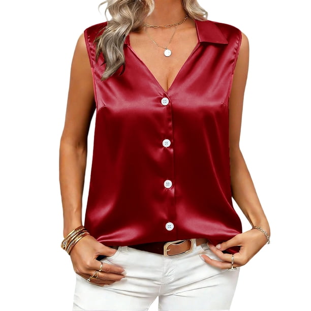 TaTaai Women's Sleeveless Satin Blouse Lapel Collar Business Casual Top Lightweight Sheen Fabric Office Formal Shirt Gift