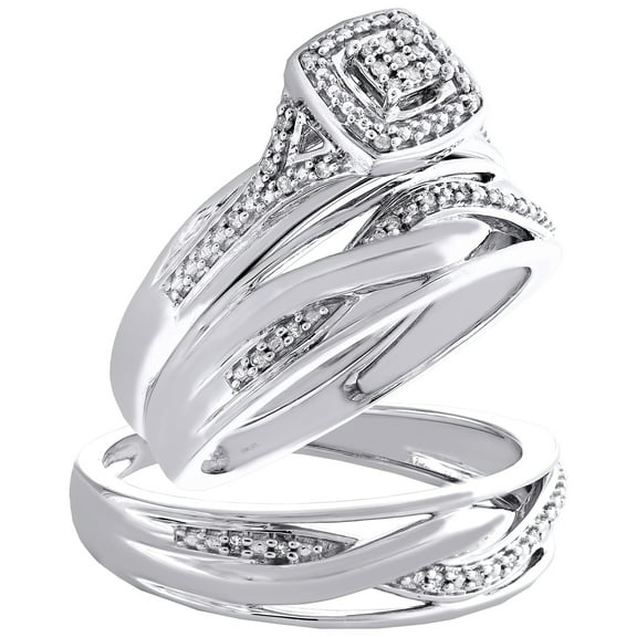 10K White Gold Diamond Trio Set Square Bridal Infinity Wedding Band 1/10 TCW