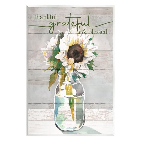 Stupell Industries Grateful & Blessed Layered Sunflower Country Planked Pattern Graphic Art Unframed Art Print Wall Art, Design by Theresa Heidel