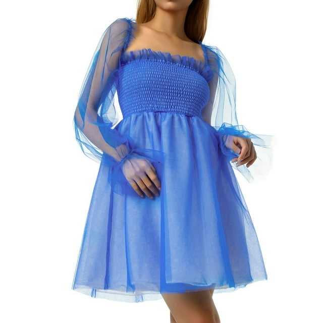 Female Casual Dress Summer Solid Color Square Neck Long See-Through Sleeve One-Piece S/M/L/XL