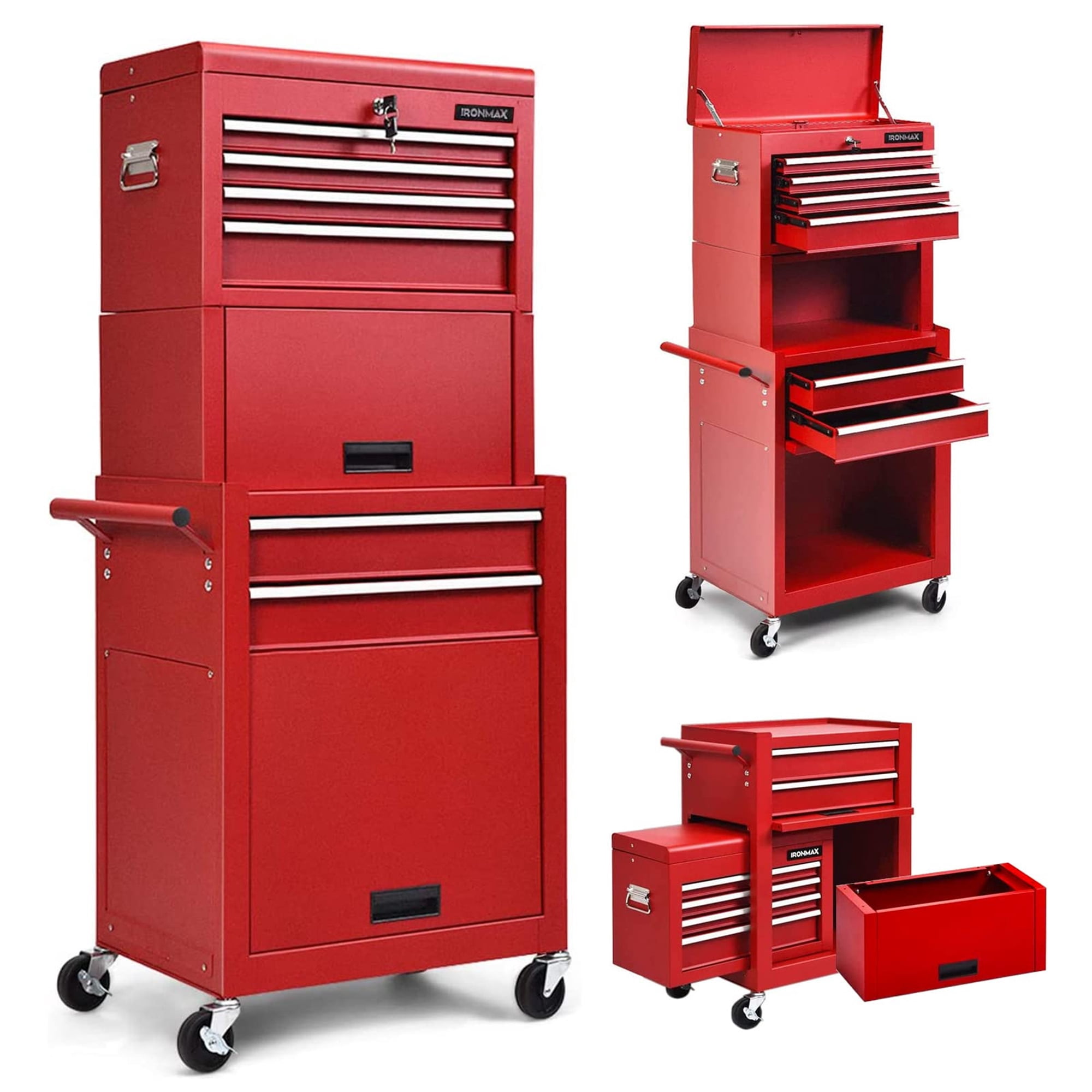 Aukfa Tool Box, 3 in 1 Steel Rolling Tool Chest w/ 6-Drawers & 2 Cabinet for Garage Workshop, Red