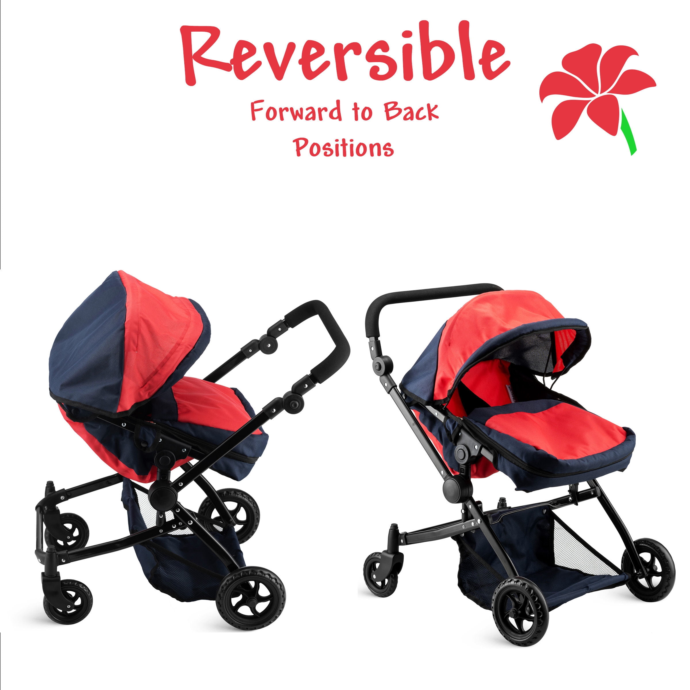 HUSHLILY - Reversible Double Doll Luxury Stroller with Adjustable Canopy & Basket (Red & Denim Blue)