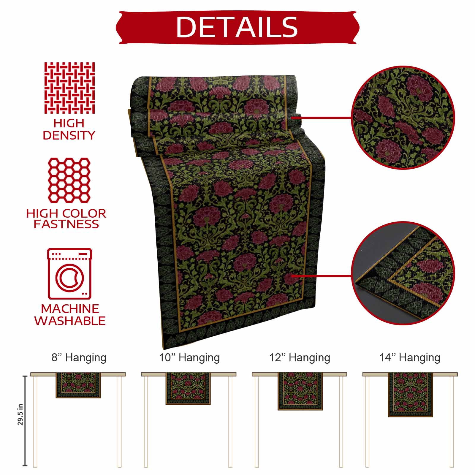 Table Runners 60 Inches Long Dress Scarves, Vintage Red Roses Farmhouse Kitchen/Dining Table Runner, Small Coffee Tablerunners, Abstract Art Floral Green Leaves 13x60 Inch