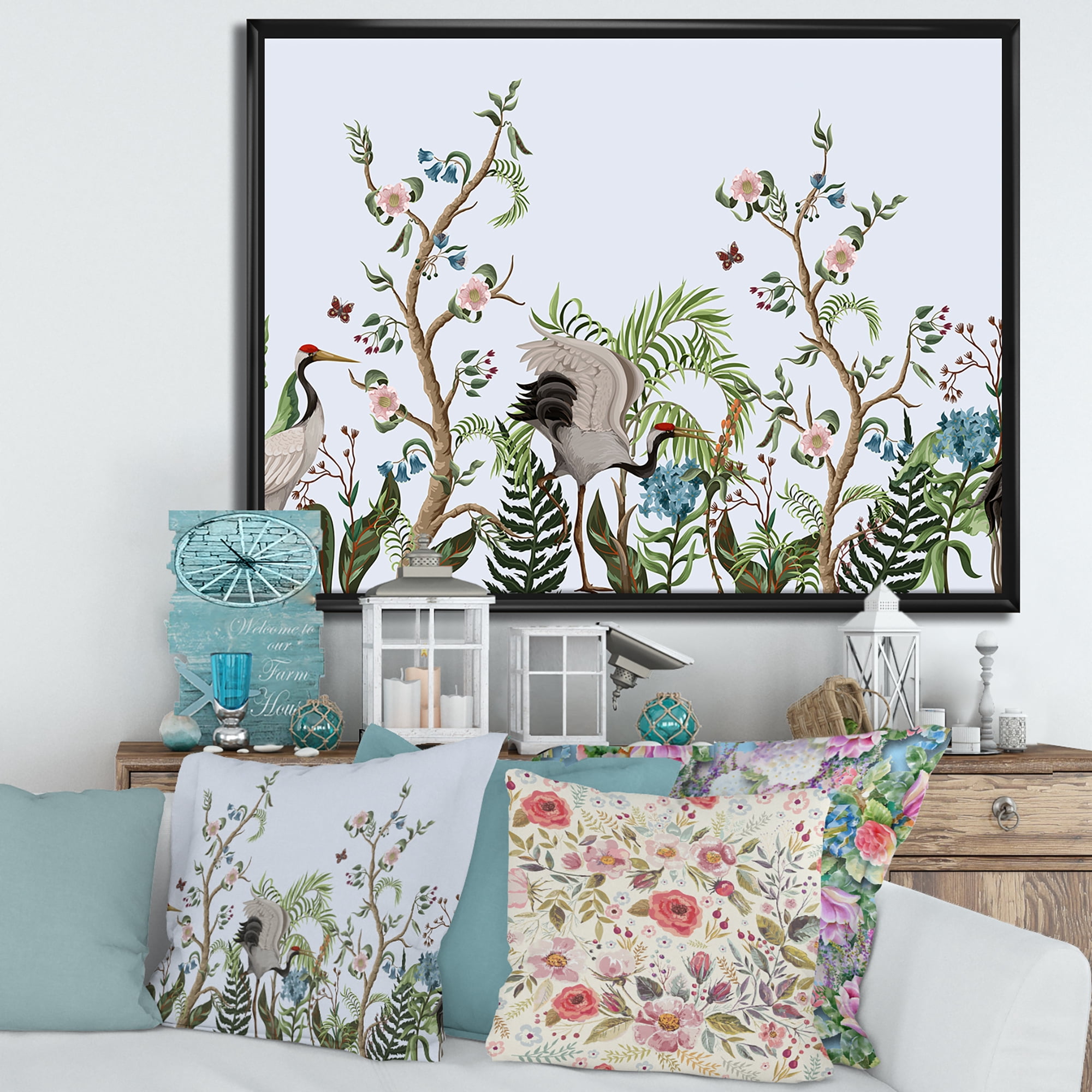 Designart 'Border With Peonies and Cranes In Chinoiserie Style' Traditional Framed Canvas Wall Art Print
