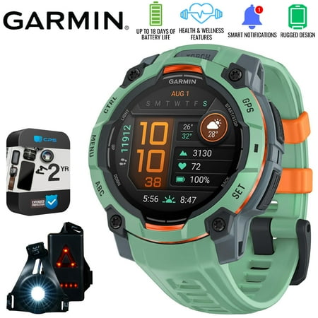Garmin Instinct 3 45mm Outdoor GPS Smartwatch, AMOLED, Neo Tropic w/ Neo Tropic Band 010-02936-01 Bundle with 2 Year Extended Warranty & Deco Essentials Wearable Safety Light