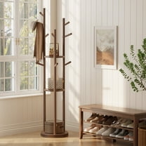 Solid Wood Rotary Coat Rack, Freestanding hat Rack with 3 Shelves and 9 Hooks, Coat tree for Bedroom, Entryway, Livingroom, Coat Hanger Stand for Coats, Scarves, Handbags (walnut)