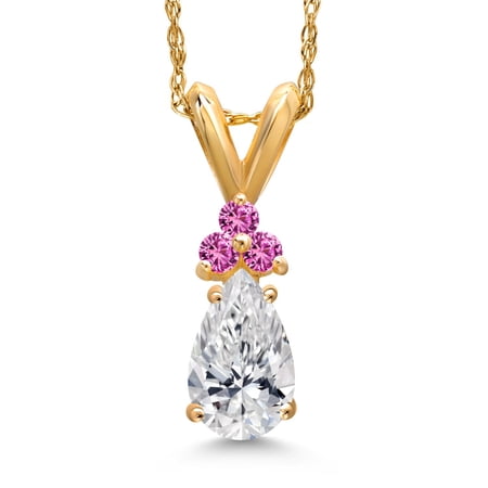 Gem Stone King 14K Yellow Gold DEF Lab Grown Diamond and Pink Created Sapphire Pendant Necklace for Women | 0.58 Cttw | Gemstone April Birthstone | Pear Shape 7X5MM | With 18 inch Chain