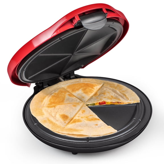 Nostalgia 6-Wedge Electric Quesadilla Maker with Removable Tray and Extra Stuffing Latch, 10-Inch, Red