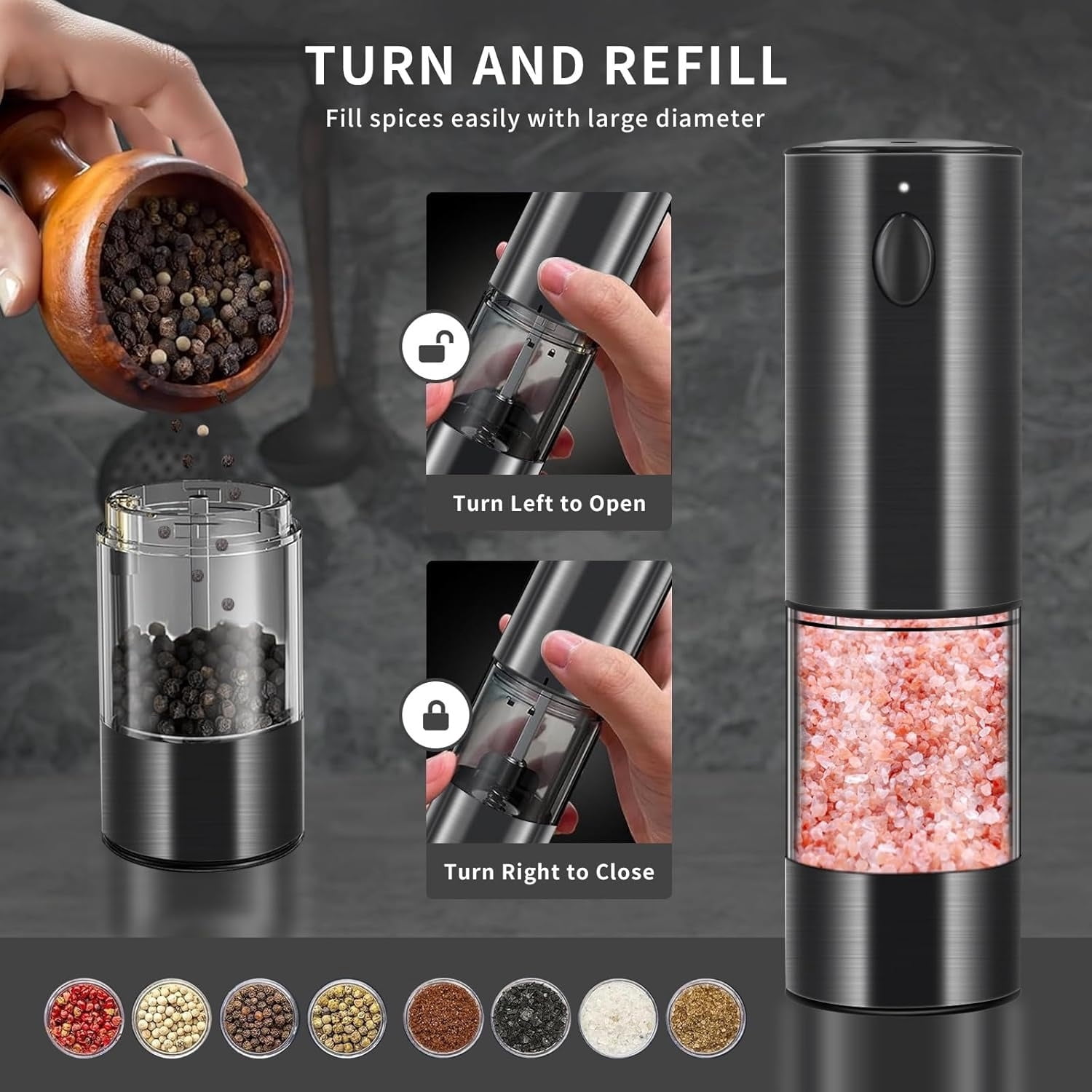 USB Rechargeable Pepper Mill Salt Grinder, Electric Salt and Pepper Grinder Set, Electric Pepper Grinder with Adjustable Coarseness, Refillable Salt and Pepper Shakers 2 Pack Dark Gray