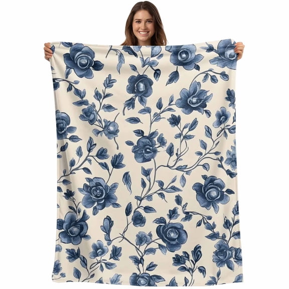 Navy Blue Floral Blanket Soft Cozy Warm Throw Blanket for Couch, Plush Fuzzy Flannel Fleece Blankets for Sofa, Spring Vintage Blossom Botanical Bed Blankets Lightweight Gifts for Women, 30"x40"