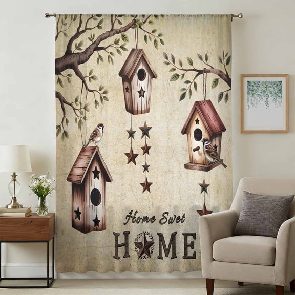 Sweet Home Sheer Curtains 45 Inches Long, Western Stars Bird Houses Country Vintage Light Filering Curtains, Breathable Simi Curtain Privacy Drapes for Kitchen Bathroom Small Window Treatment