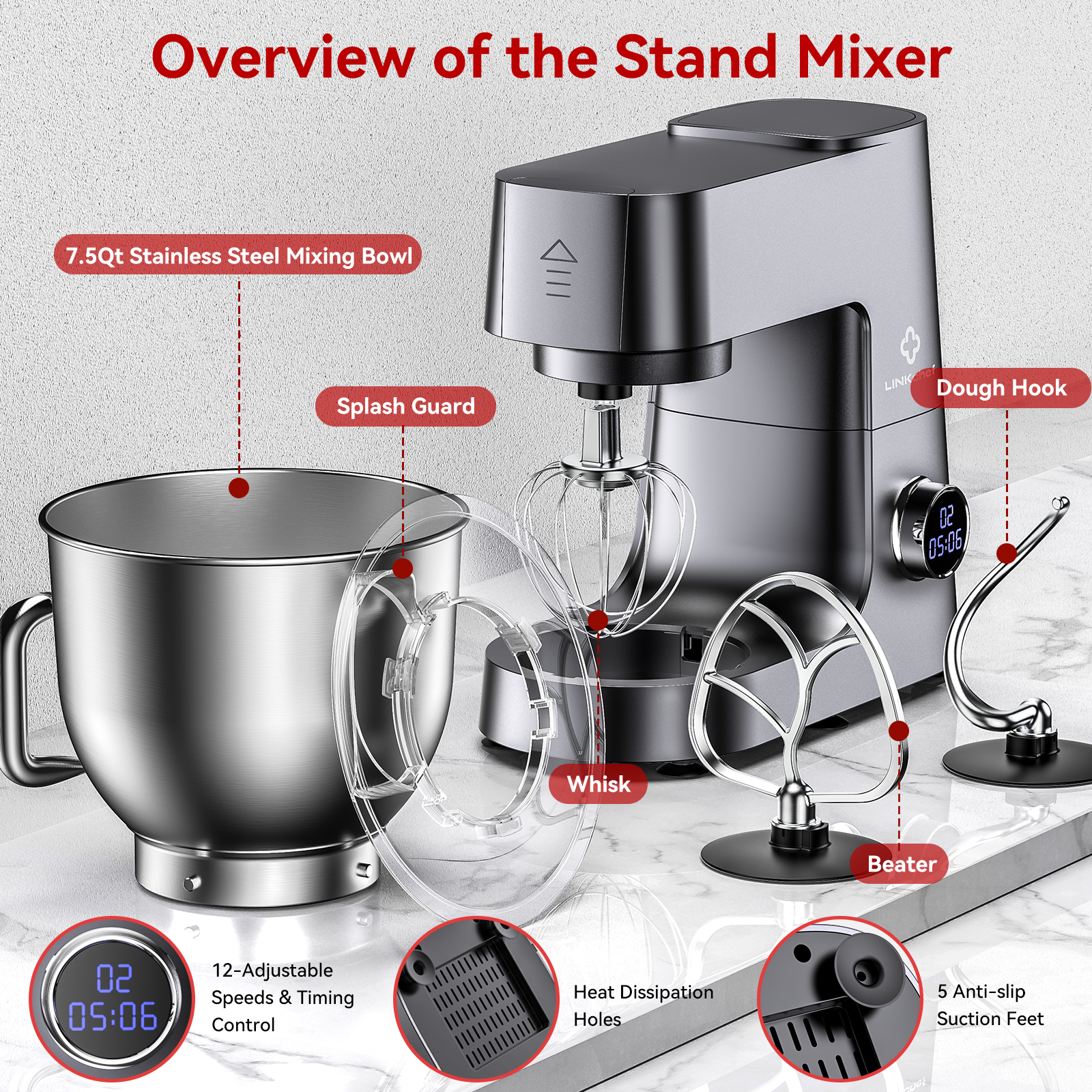 LINKChef 7.5-Quart Stand Mixer, 800W 12-Speed, Gray photo 6