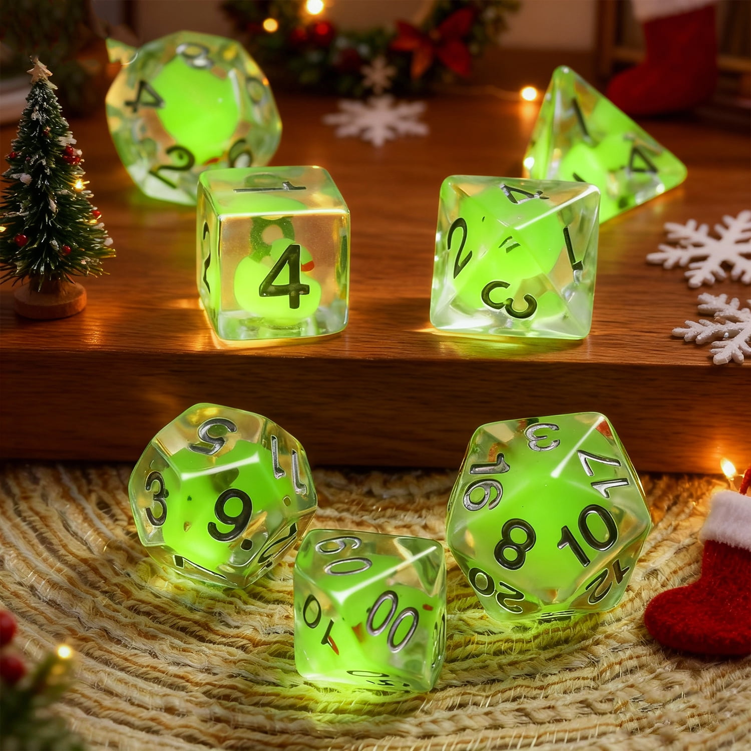 SWAJUJA Glow-in-the-Dark Green Duck DND Dice Set Polyhedral RPG for Dungeons & Dragons 7 Piece