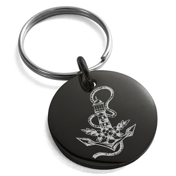 Stainless Steel Nautical Anchor Lighthouse Engraved Small Medallion Circle Charm Keychain Keyring