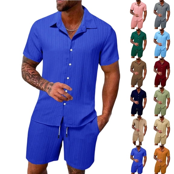 Bovxnpu Men's Clothing Set 2 Piece Outfits Short Sleeve Crew Neck Men's Casual Button Shirt Shorts Set