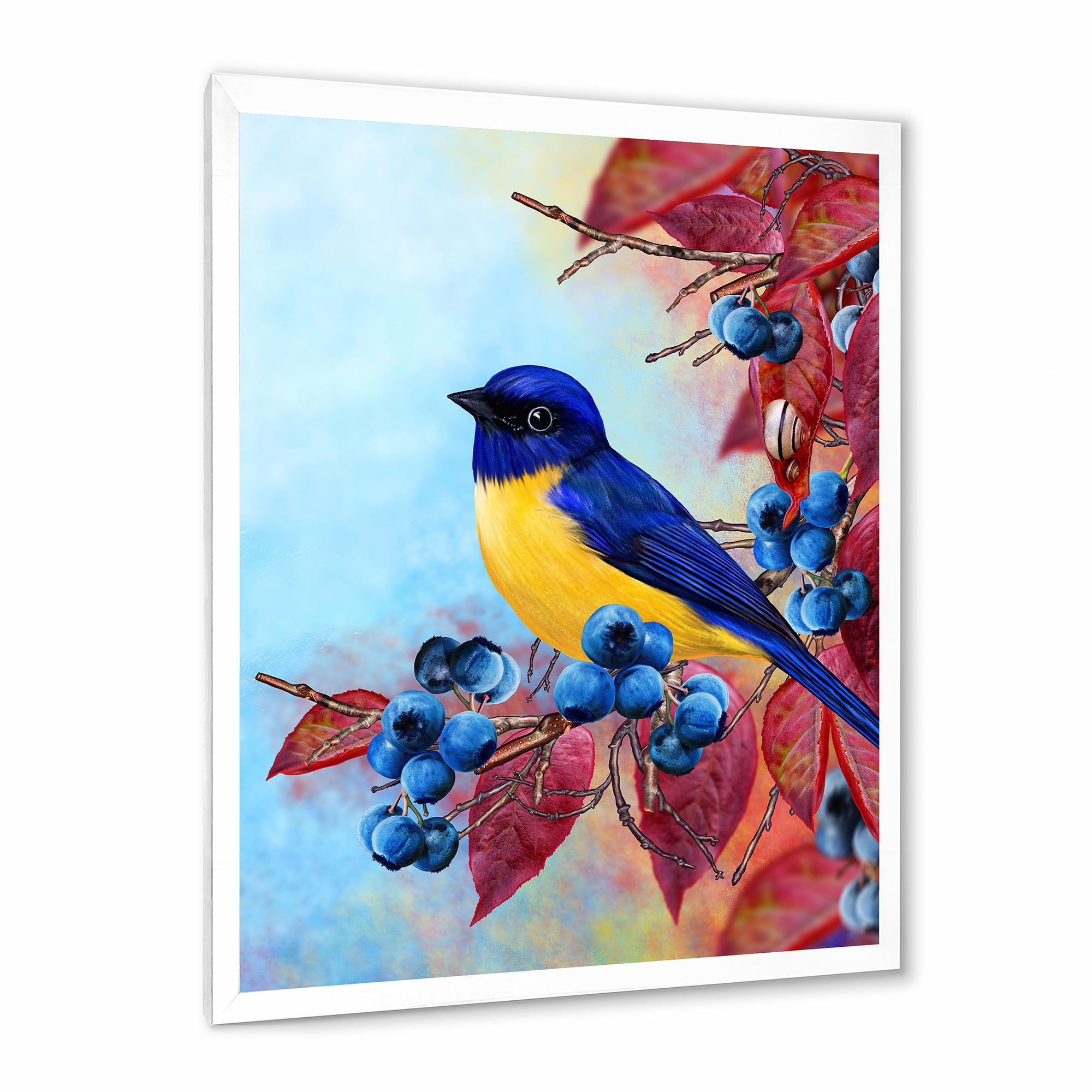 Designart 'Bright Bird Bullfinch Sitting On A Branch of Berries I' Traditional Framed Art Print