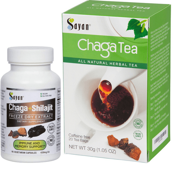 Sayan Siberian Chaga Mushroom Extract Shilajit, 90 Vegan Capsules Supplement & Chaga Tea 20 Bags