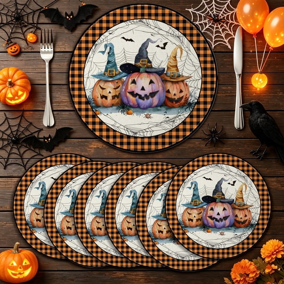MIZHONA Halloween Pumpkins Round Placemats Set of 6 Fall Thanksgivings Table Mat 14 inch for Kitchen Dining Table Decoration