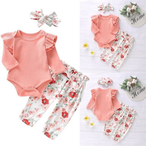 Newborn Baby Girl Infant Bunny 3pcs Clothes Romper Tops Floral Pants ...