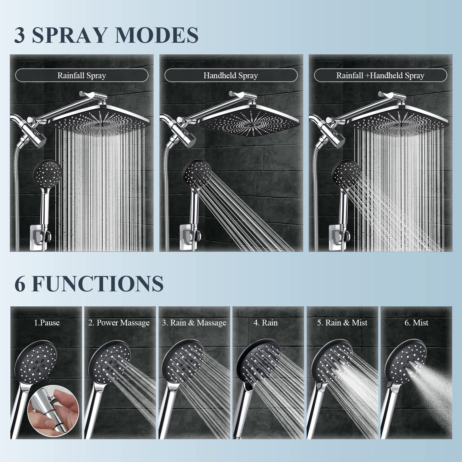 Ophanie 12 Inch High Pressure Rain Shower Head Combo with Adjustable Extension Arm - Wide Rainfall & 5 Spray Handheld Showerhead - Dual Anti-Clog Nozzles for Ultimate Shower Experience, Silver Chrome