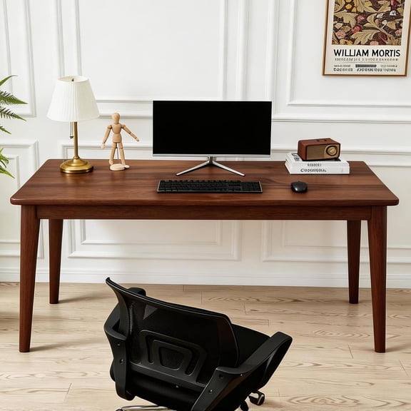 55.1-Inch Solid Wood Desk with Rubberwood Construction, Mid-Century Writing Table and Computer Desk for Bedroom Office Small Spaces, Walnut Color