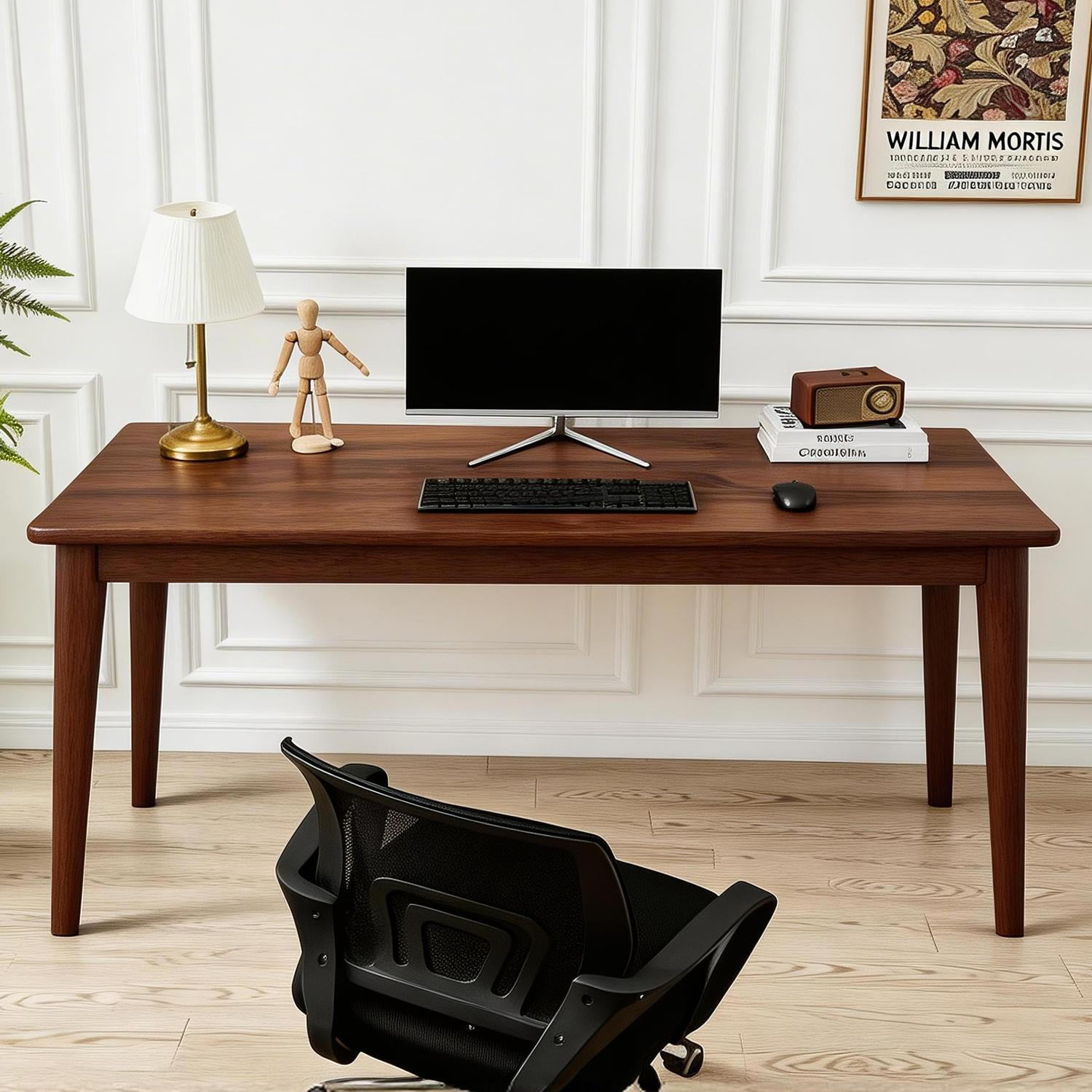 63-Inch Solid Wood Desk with Rubberwood Construction, Mid-Century Writing Table and Computer Workstation for Bedroom Office Small Spaces, Walnut Color
