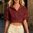 thumbnail image 4 of Women Solid Button Down Short Sleeve Blouse Casual Collared Crop Top Red L, 4 of 5