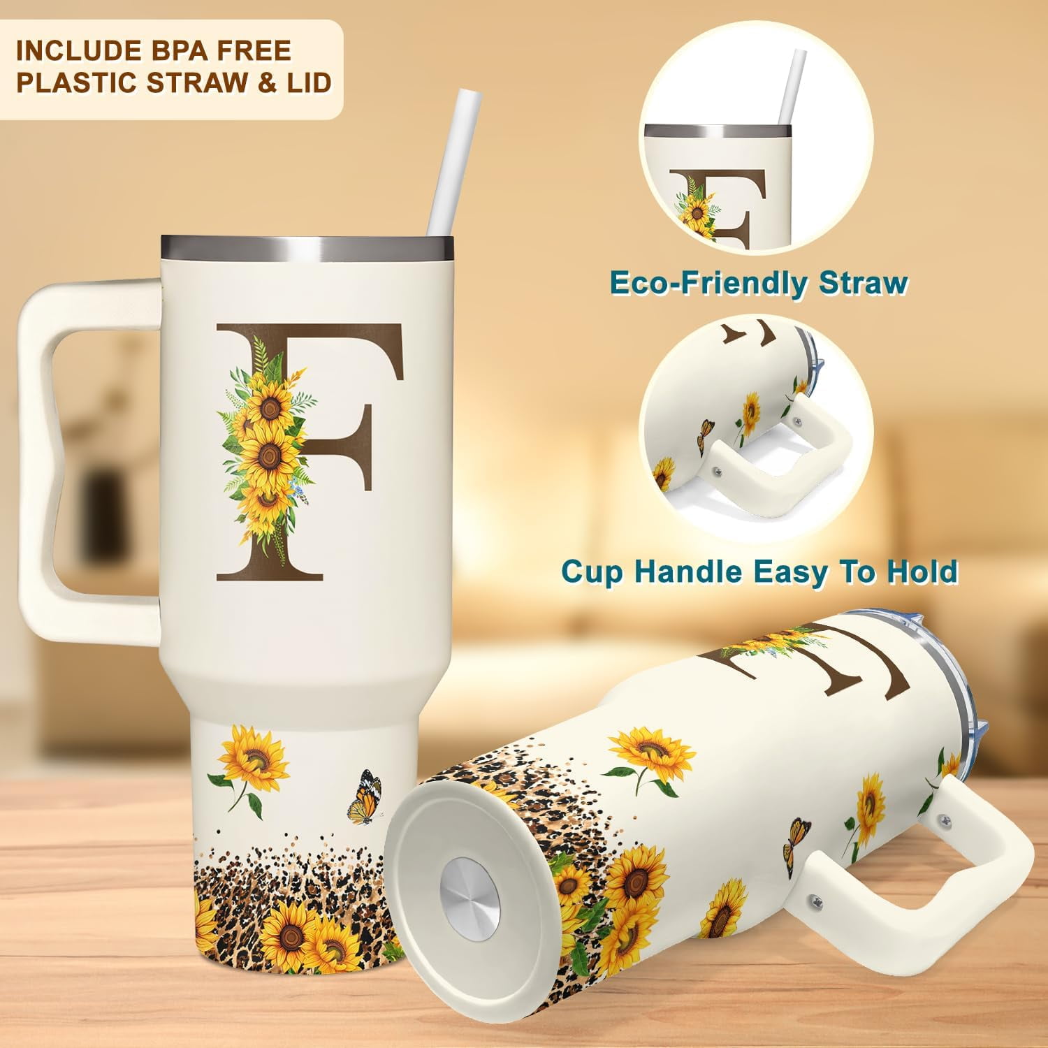 Personalized Birthday Gifts For Women - Sunflowers Monogrammed Cup For Boss Day, Christmas - Customized Gifts For Women, Mom, Wife, Coworkers, Boss Lady, Her - Custom Tumbler With Handle 40oz