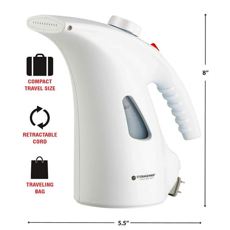 StorageMaid Garment Steamer for Clothes - Handheld Portable Fabric Wrinkle Remover with Retractable Cord – Cleans Sterilizes and Steams – Instant Fast and Powerful - Safe on Delicate Garments -